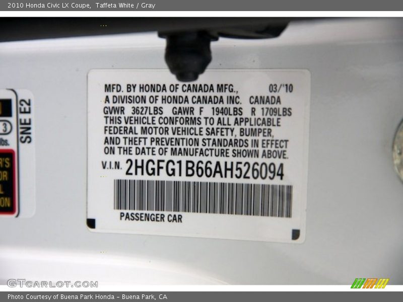 Taffeta White / Gray 2010 Honda Civic LX Coupe