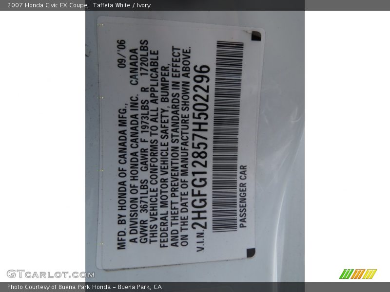 Taffeta White / Ivory 2007 Honda Civic EX Coupe