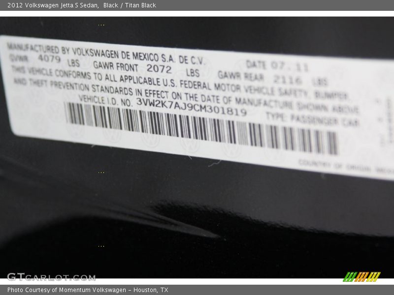 Black / Titan Black 2012 Volkswagen Jetta S Sedan