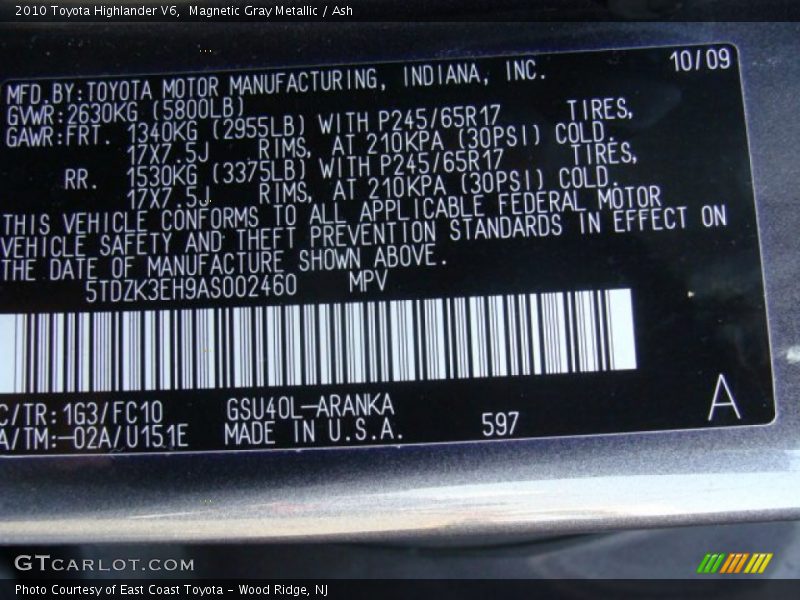 Magnetic Gray Metallic / Ash 2010 Toyota Highlander V6