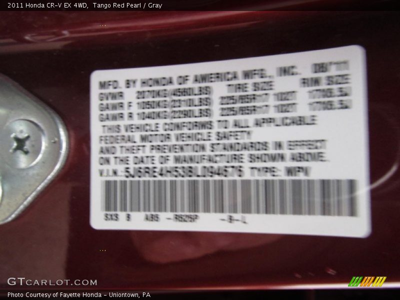 Tango Red Pearl / Gray 2011 Honda CR-V EX 4WD