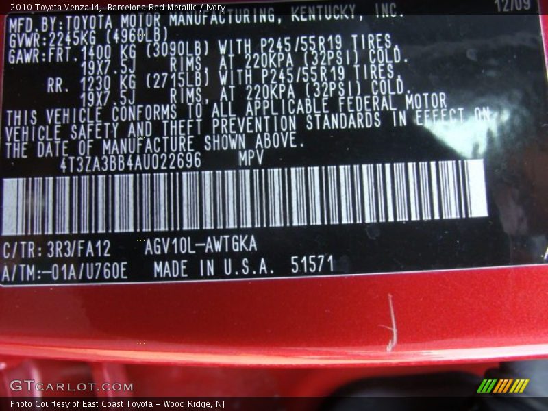 Barcelona Red Metallic / Ivory 2010 Toyota Venza I4
