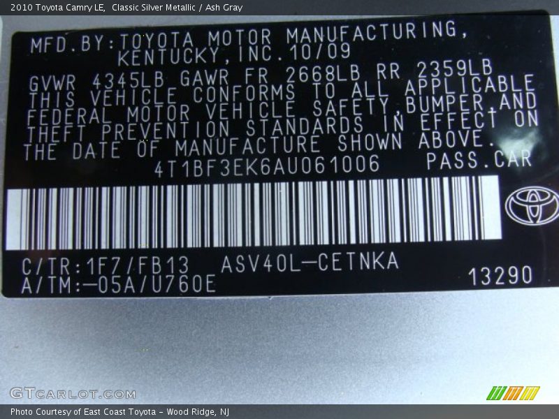 Classic Silver Metallic / Ash Gray 2010 Toyota Camry LE