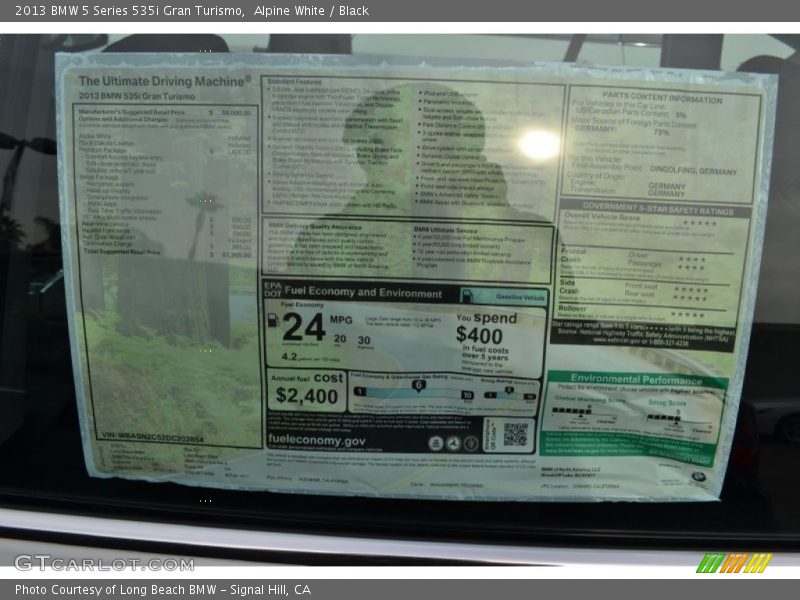  2013 5 Series 535i Gran Turismo Window Sticker