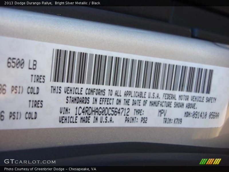 2013 Durango Rallye Bright Silver Metallic Color Code PS2