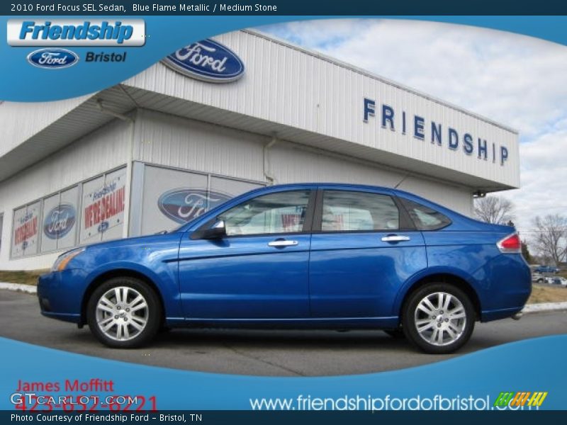 Blue Flame Metallic / Medium Stone 2010 Ford Focus SEL Sedan