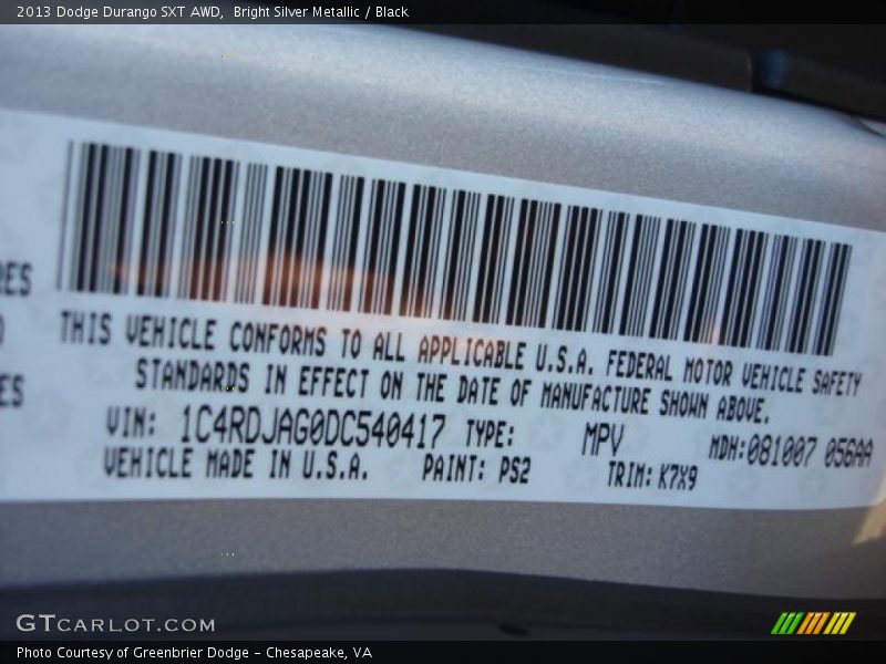 Bright Silver Metallic / Black 2013 Dodge Durango SXT AWD