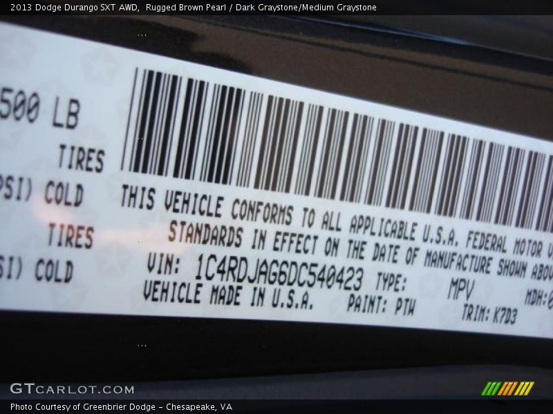 2013 Durango SXT AWD Rugged Brown Pearl Color Code PTW