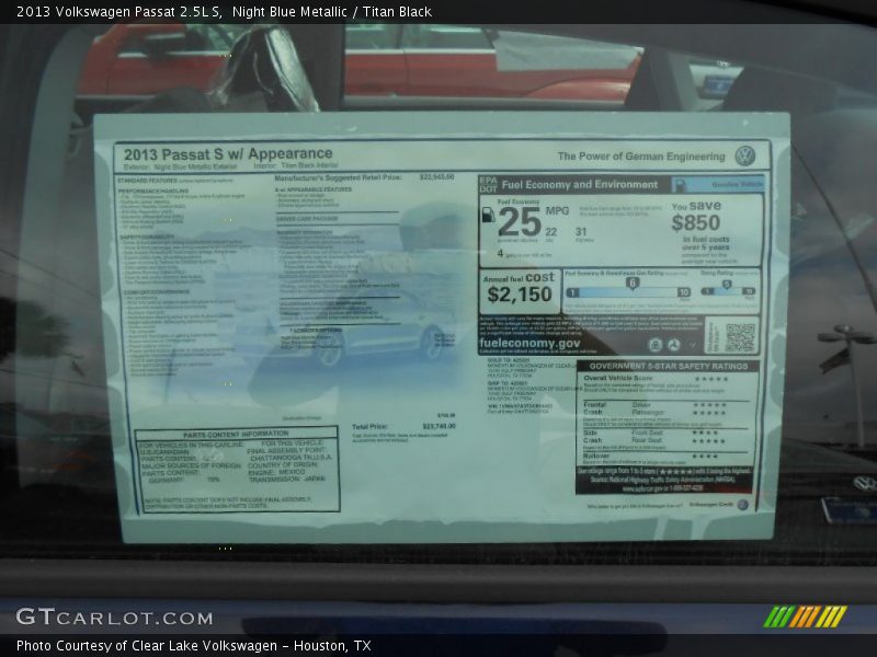Night Blue Metallic / Titan Black 2013 Volkswagen Passat 2.5L S