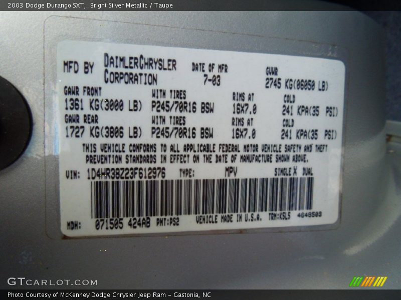 2003 Durango SXT Bright Silver Metallic Color Code PS2