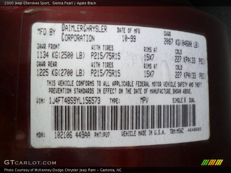 2000 Cherokee Sport Sienna Pearl Color Code PU7