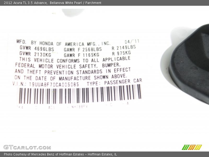 Bellanova White Pearl / Parchment 2012 Acura TL 3.5 Advance