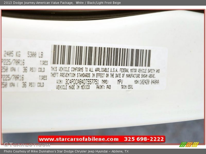 White / Black/Light Frost Beige 2013 Dodge Journey American Value Package