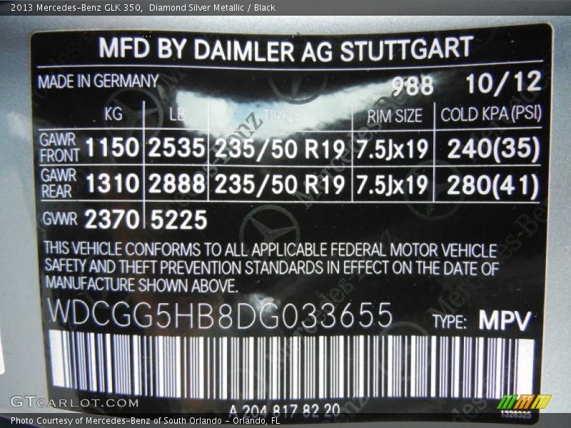 2013 GLK 350 Diamond Silver Metallic Color Code 988
