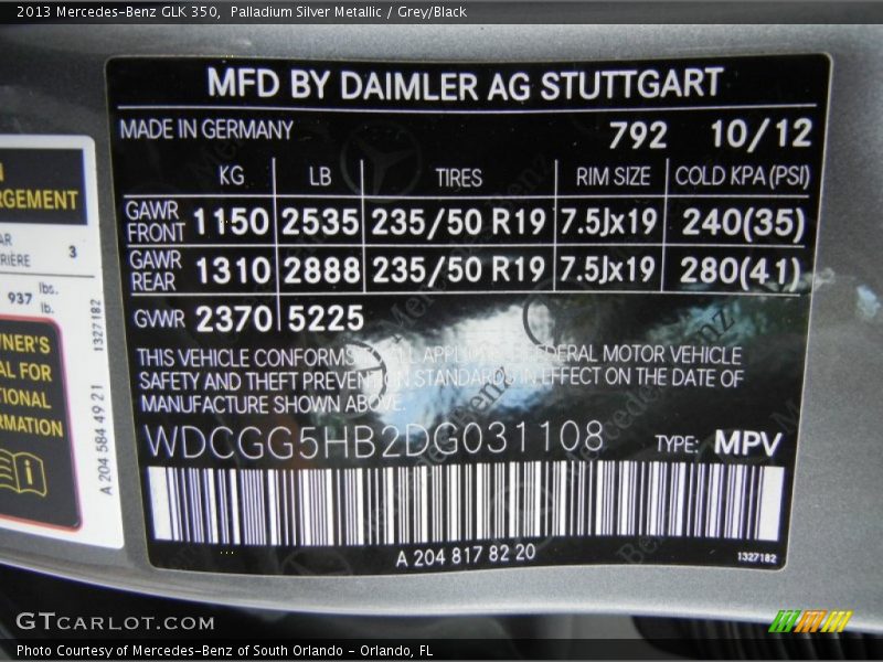 2013 GLK 350 Palladium Silver Metallic Color Code 792