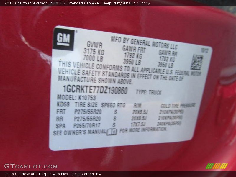 Info Tag of 2013 Silverado 1500 LTZ Extended Cab 4x4