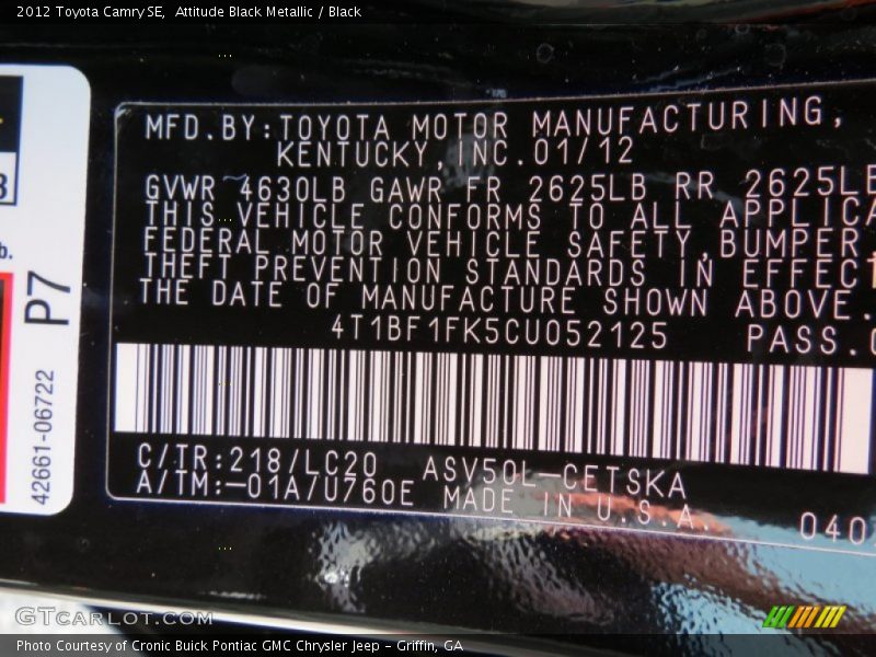 Attitude Black Metallic / Black 2012 Toyota Camry SE