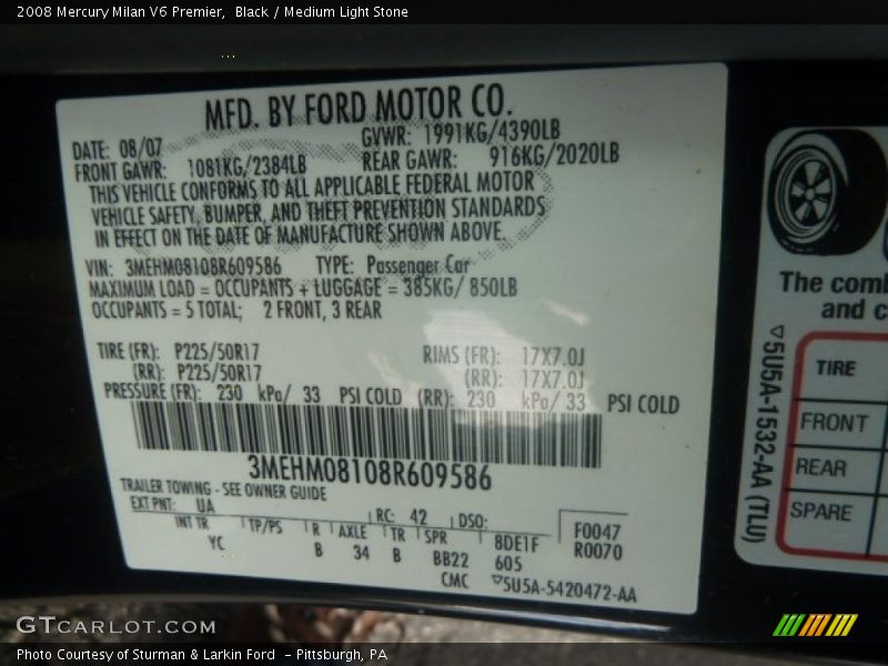 Black / Medium Light Stone 2008 Mercury Milan V6 Premier