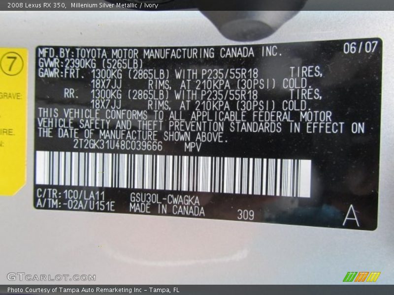 Millenium Silver Metallic / Ivory 2008 Lexus RX 350