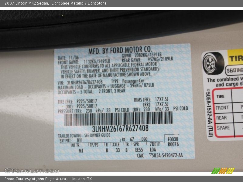 2007 MKZ Sedan Light Sage Metallic Color Code NH