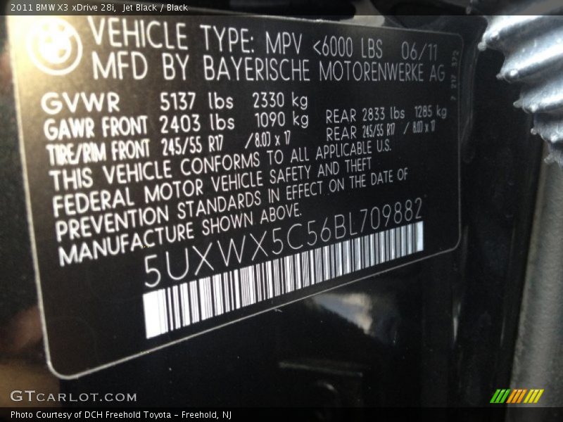 Jet Black / Black 2011 BMW X3 xDrive 28i