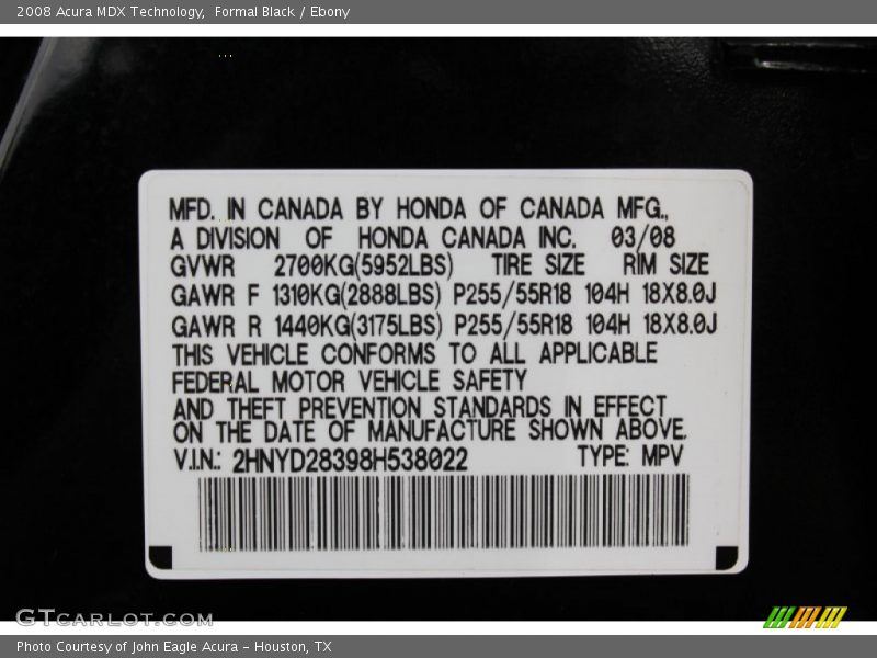 Formal Black / Ebony 2008 Acura MDX Technology