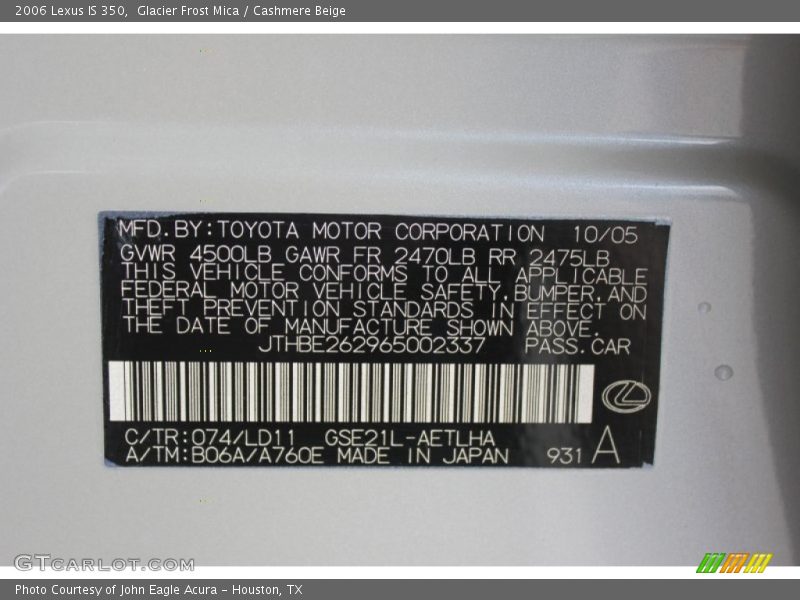 Glacier Frost Mica / Cashmere Beige 2006 Lexus IS 350