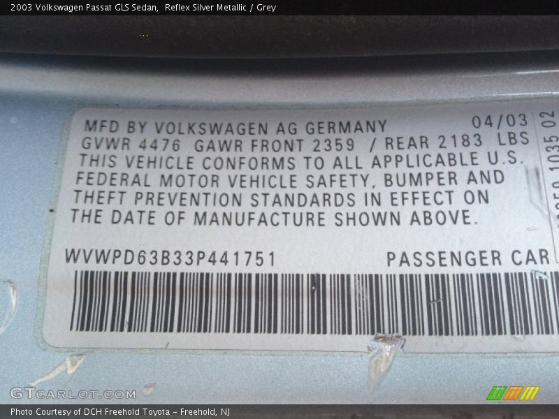 Reflex Silver Metallic / Grey 2003 Volkswagen Passat GLS Sedan