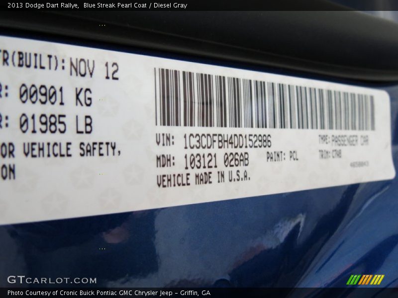 Blue Streak Pearl Coat / Diesel Gray 2013 Dodge Dart Rallye