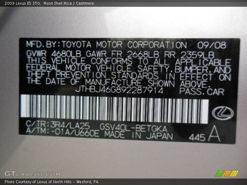 2009 ES 350 Moon Shell Mica Color Code 3R4