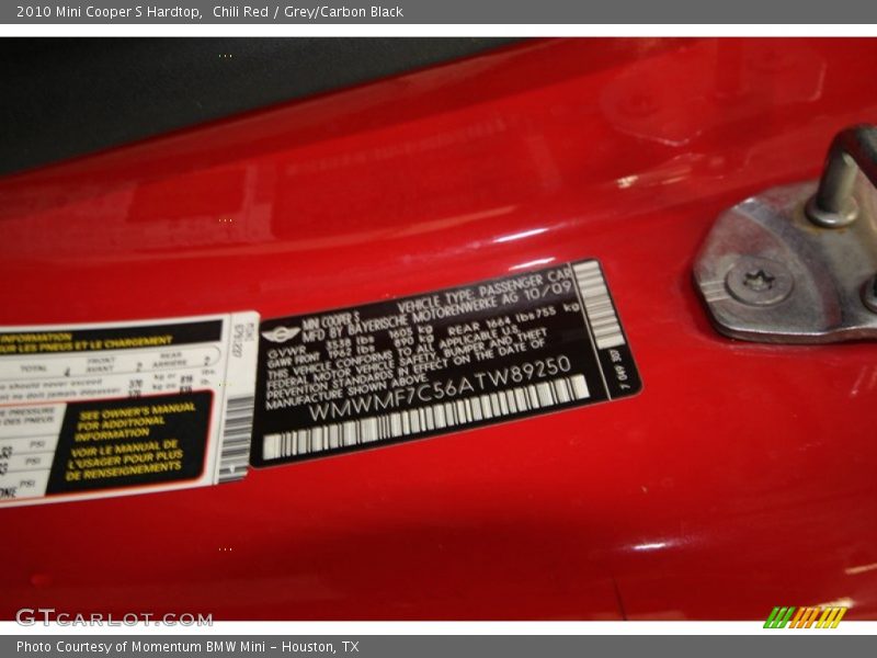 Chili Red / Grey/Carbon Black 2010 Mini Cooper S Hardtop