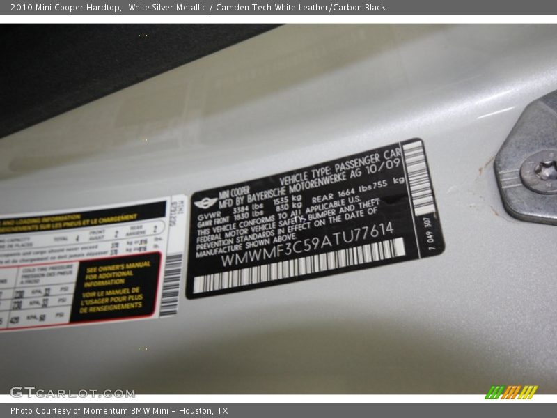 White Silver Metallic / Camden Tech White Leather/Carbon Black 2010 Mini Cooper Hardtop