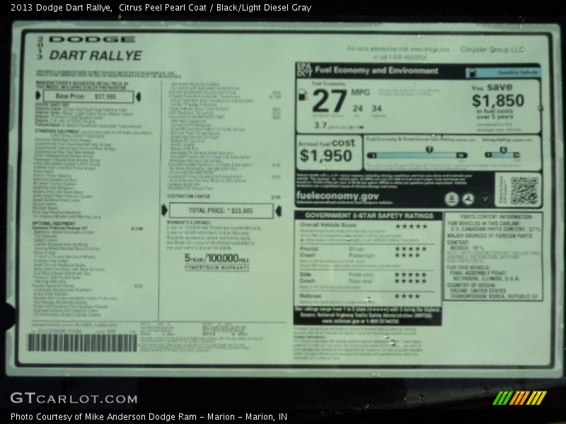 Citrus Peel Pearl Coat / Black/Light Diesel Gray 2013 Dodge Dart Rallye