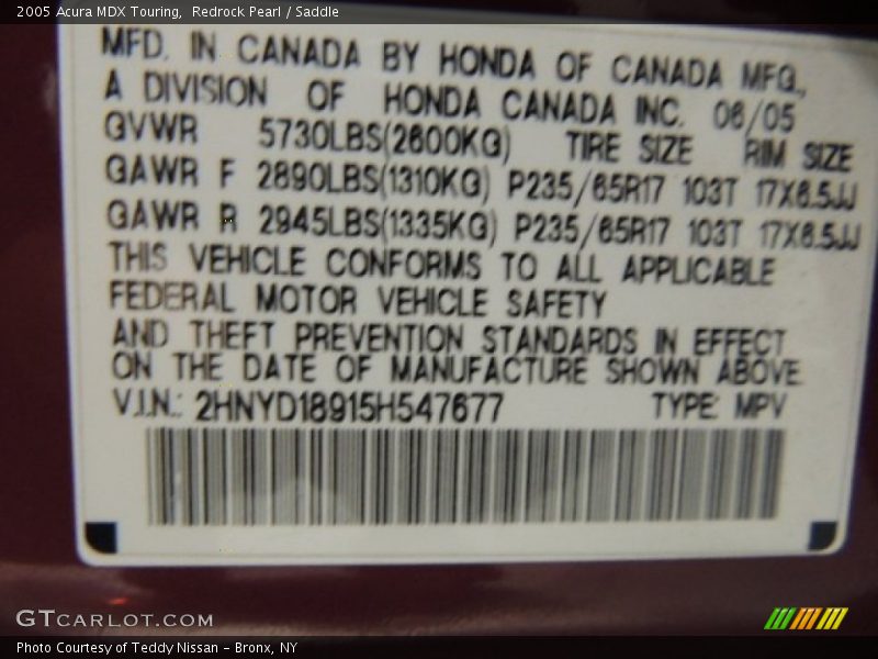 Redrock Pearl / Saddle 2005 Acura MDX Touring