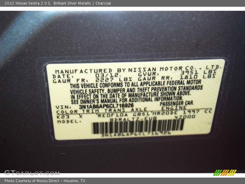 Brilliant Silver Metallic / Charcoal 2012 Nissan Sentra 2.0 S