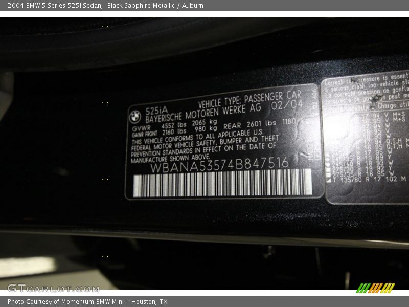Black Sapphire Metallic / Auburn 2004 BMW 5 Series 525i Sedan