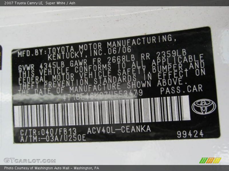 Super White / Ash 2007 Toyota Camry LE