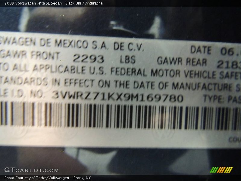 Black Uni / Anthracite 2009 Volkswagen Jetta SE Sedan