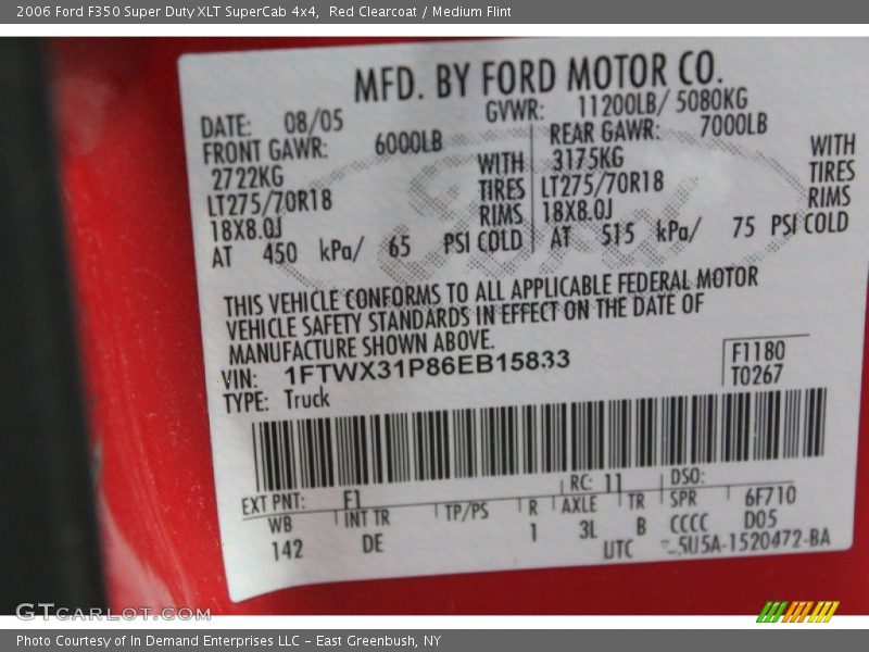 2006 F350 Super Duty XLT SuperCab 4x4 Red Clearcoat Color Code F1