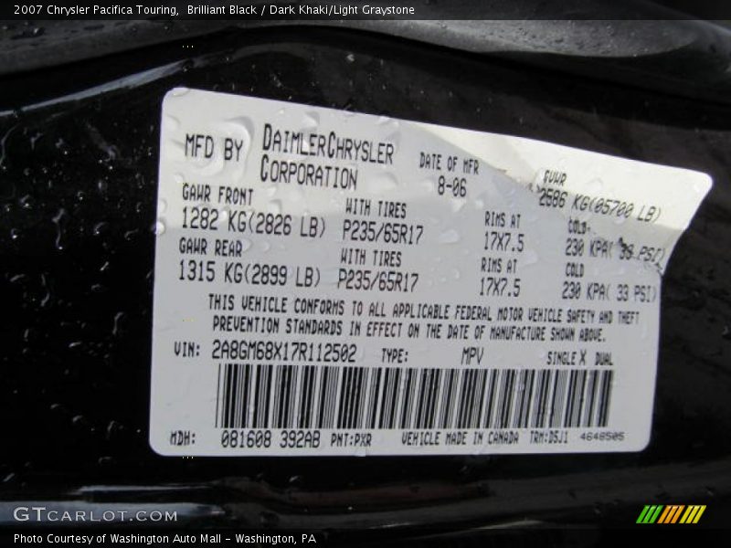 Brilliant Black / Dark Khaki/Light Graystone 2007 Chrysler Pacifica Touring