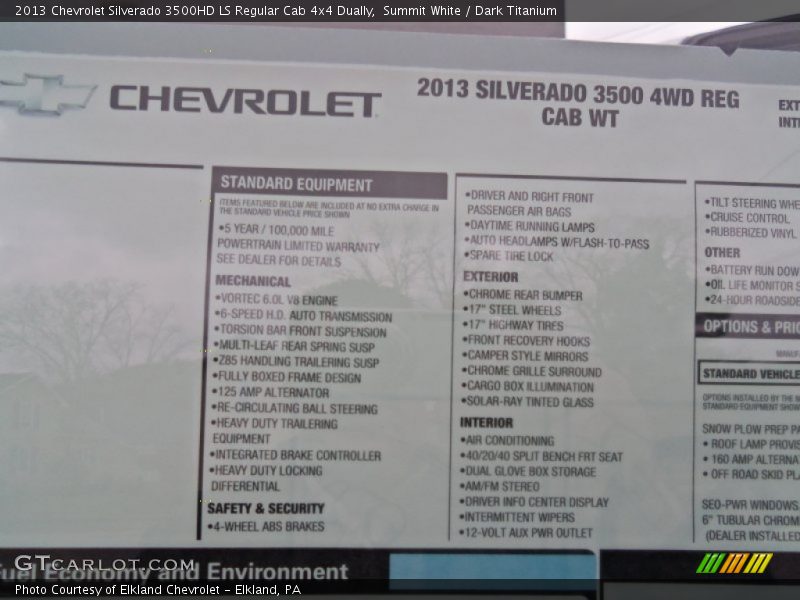  2013 Silverado 3500HD LS Regular Cab 4x4 Dually Window Sticker