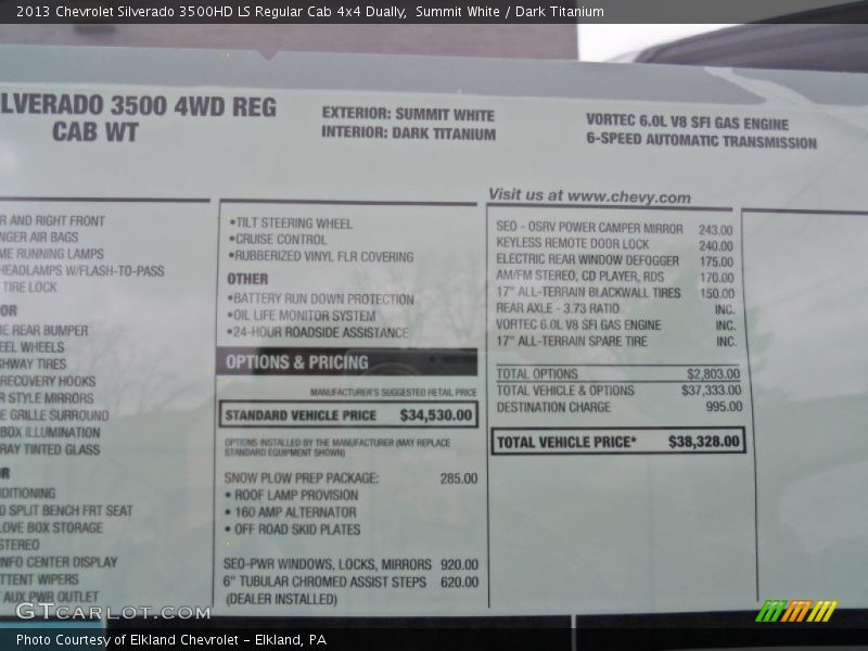 2013 Silverado 3500HD LS Regular Cab 4x4 Dually Window Sticker