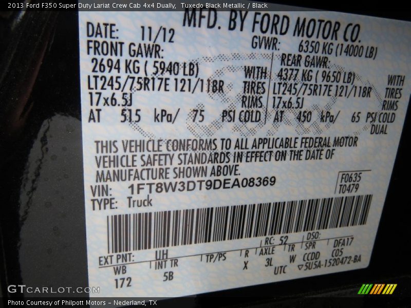 2013 F350 Super Duty Lariat Crew Cab 4x4 Dually Tuxedo Black Metallic Color Code UH