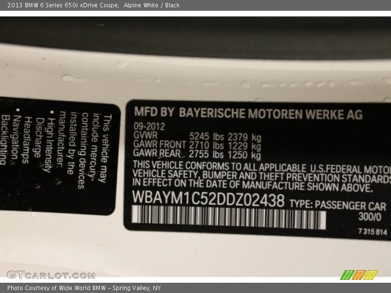 2013 6 Series 650i xDrive Coupe Alpine White Color Code 300