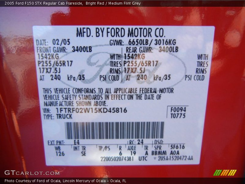 2005 F150 STX Regular Cab Flareside Bright Red Color Code E4