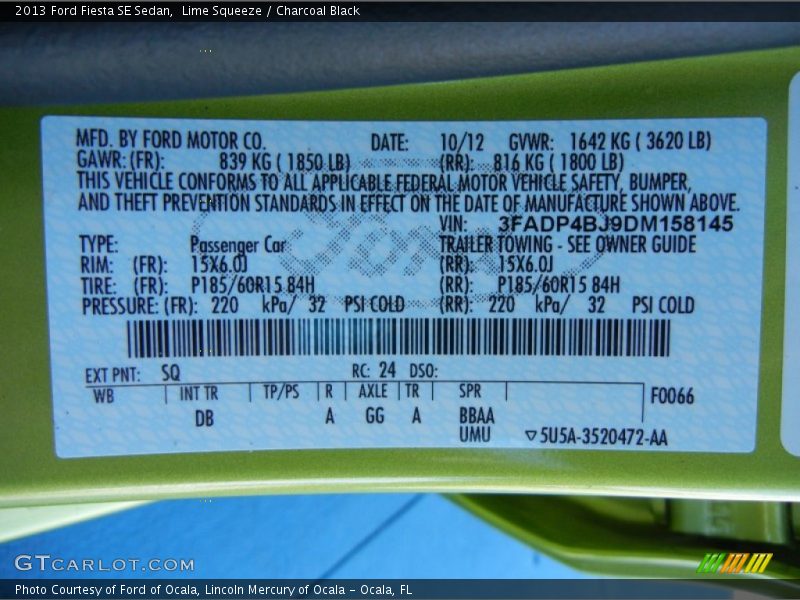 2013 Fiesta SE Sedan Lime Squeeze Color Code SQ