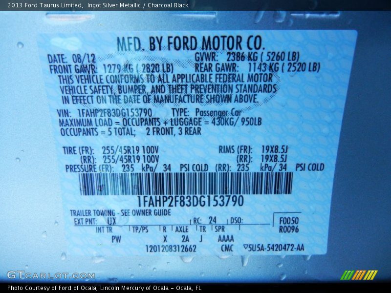 Ingot Silver Metallic / Charcoal Black 2013 Ford Taurus Limited