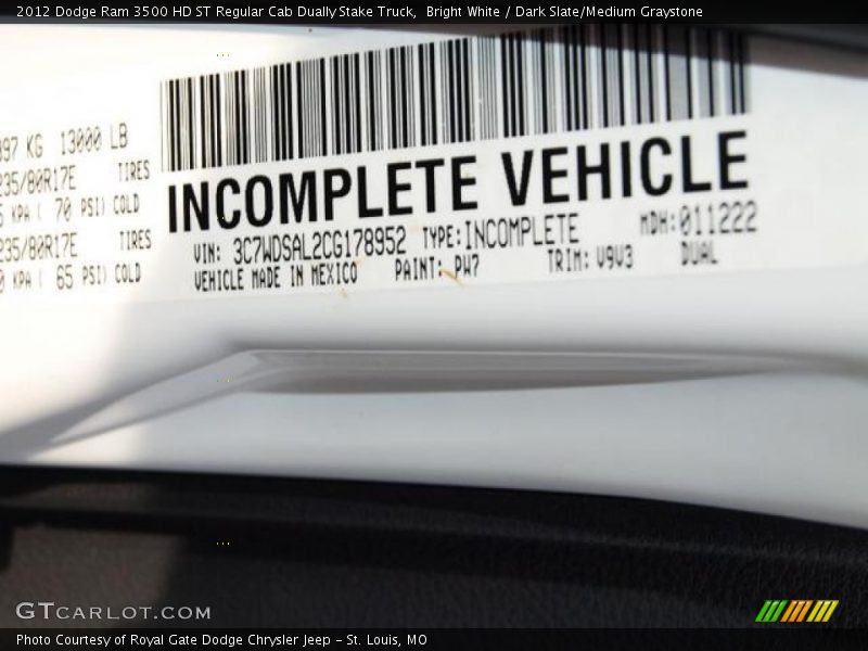 Bright White / Dark Slate/Medium Graystone 2012 Dodge Ram 3500 HD ST Regular Cab Dually Stake Truck