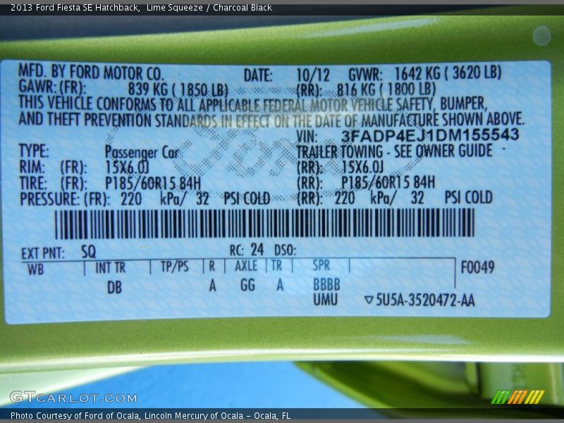 2013 Fiesta SE Hatchback Lime Squeeze Color Code SQ