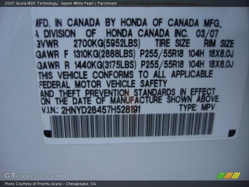 Aspen White Pearl / Parchment 2007 Acura MDX Technology